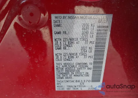 2017 Nissan Rogue Sl from USA, damaged, VIN 5N1AT2MT5HC861370